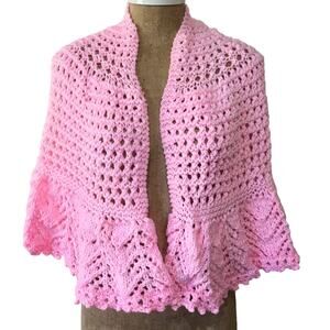 Handmade Crocheted Pink Barbie Shawl Prayer Festival Boho Hippie Custom Made EUC